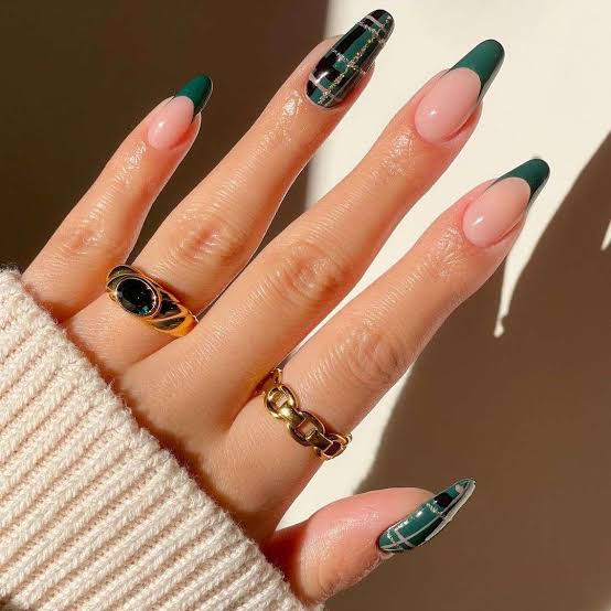 Dark Green Plaid Accent Medium Almond Nails — Green French Tip Nails