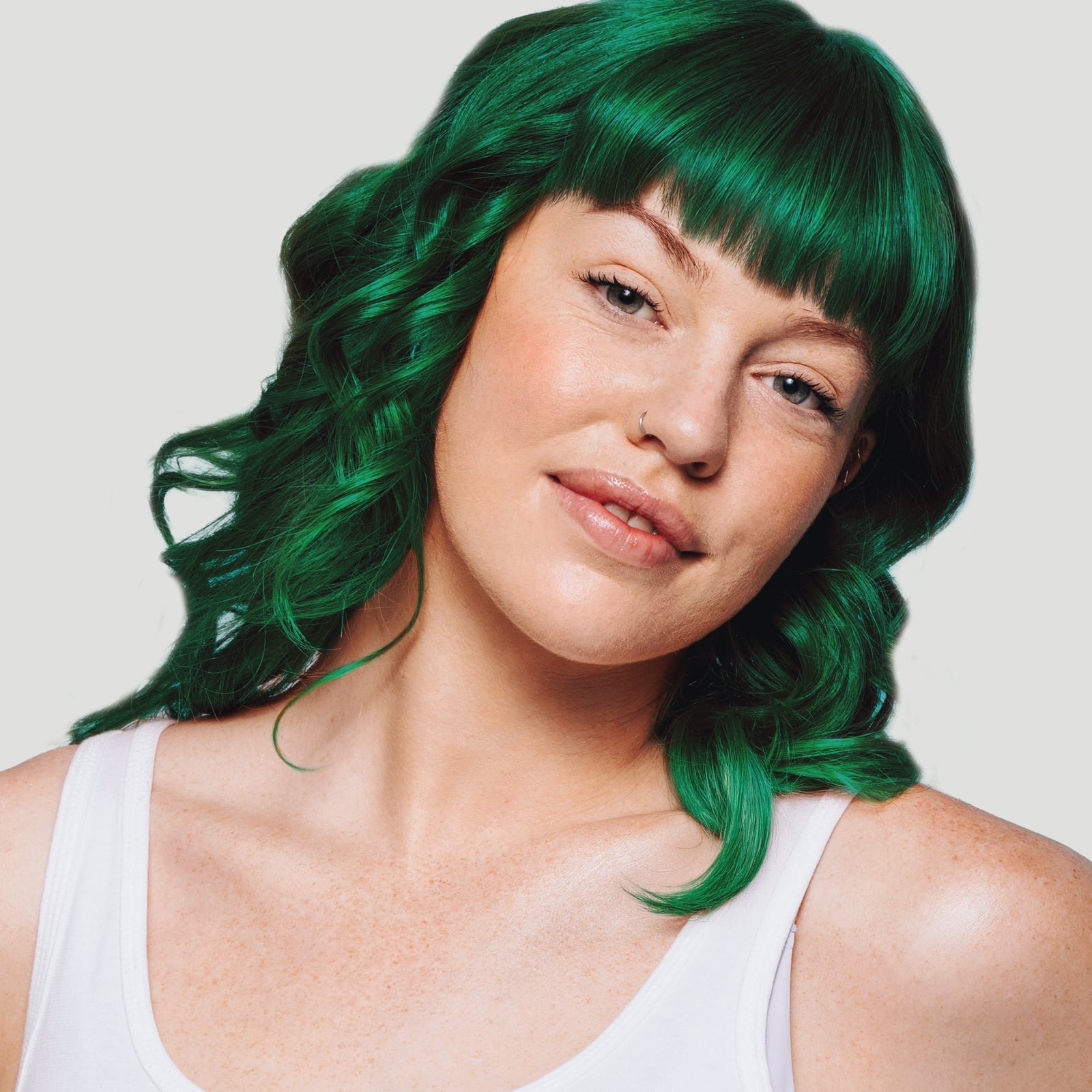 Emerald Green Lob With Curtain Bangs — Green Highlights