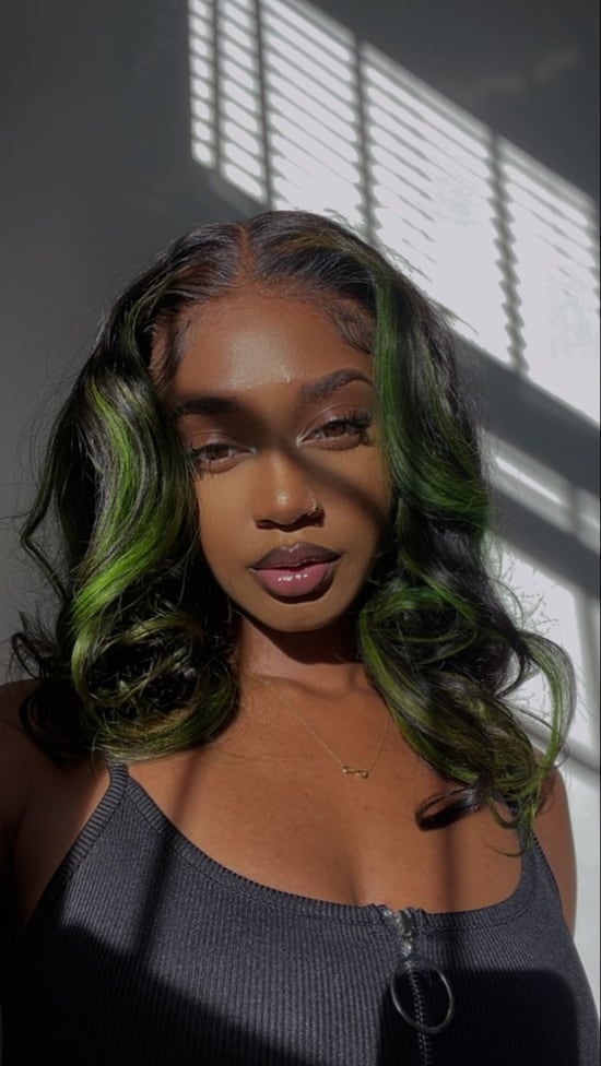Dark Base Lob With Vivid Green Highlights