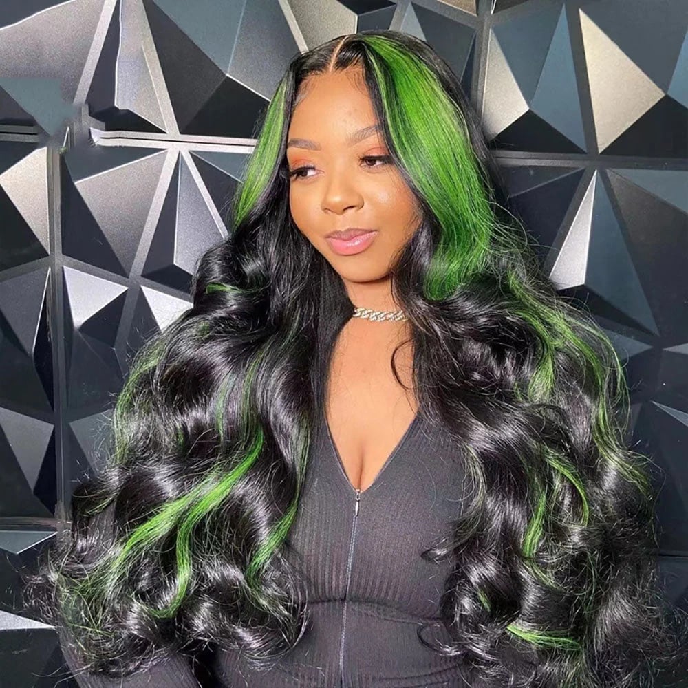 Collarbone Lob With Bright Green Streaks — Green Highlights