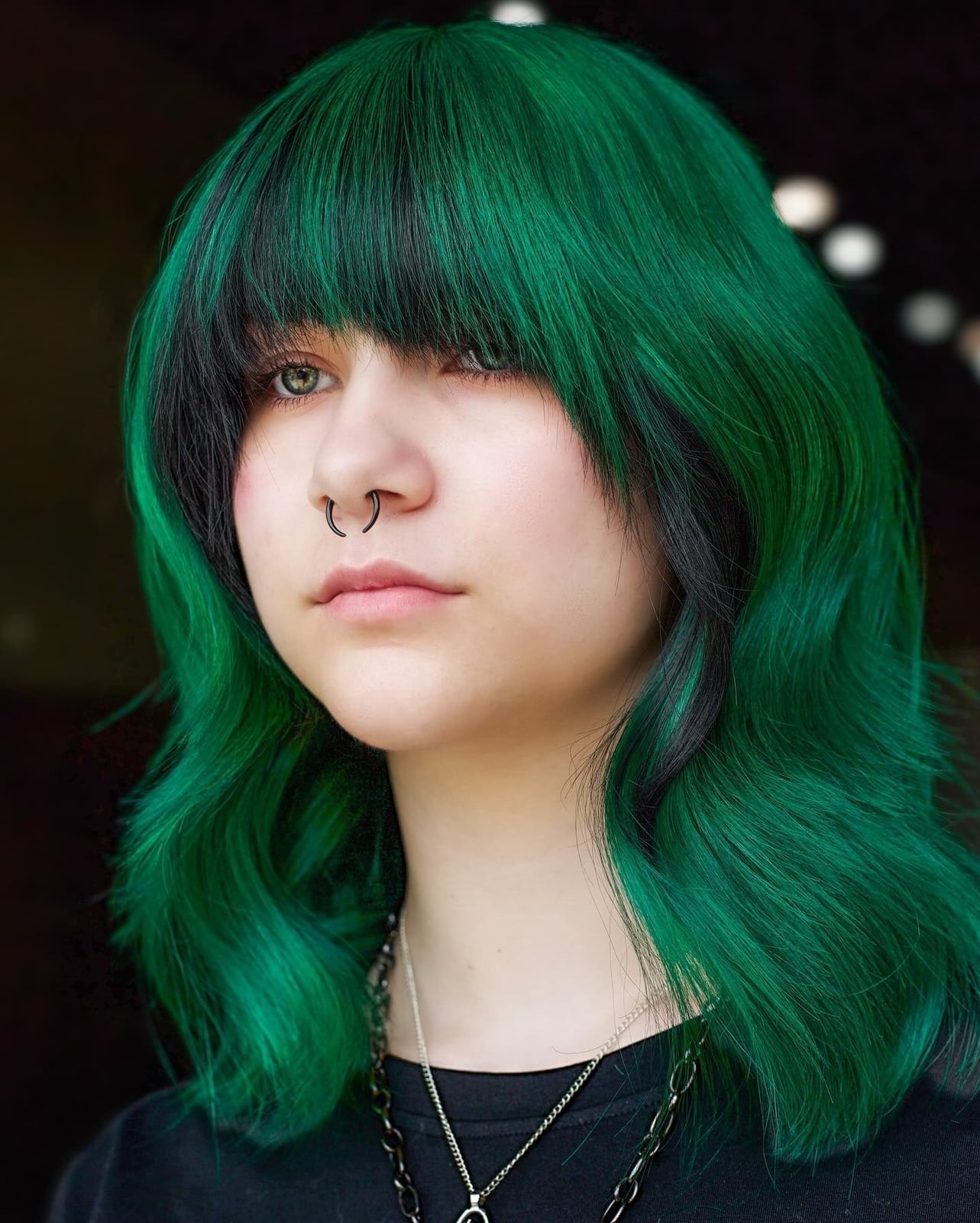 Thick Lob With Bright Green Curtain Bangs — Green Highlights