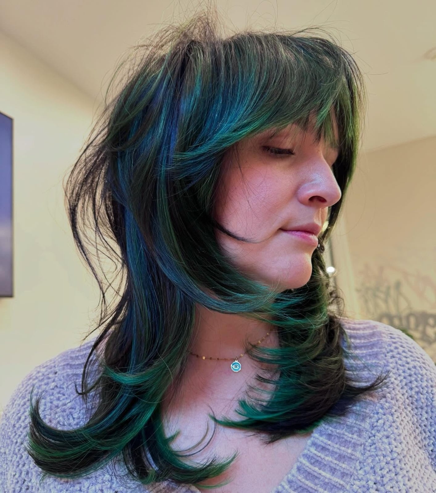 Shag Haircut With Neon Green Highlights