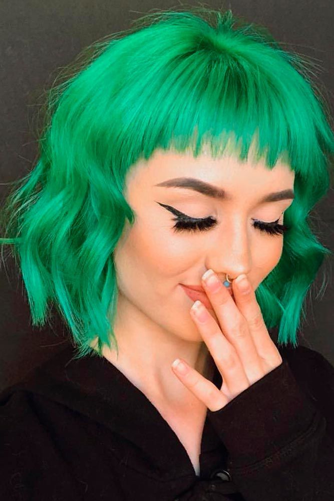 Vivid Green Bob With Micro Bangs — Green Highlights