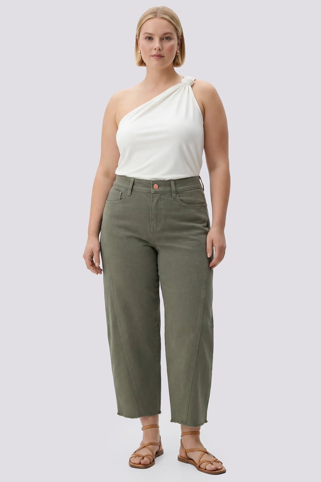 Olive Green Wide Leg Jeans With One-Shoulder Top — Green Jeans Outfits