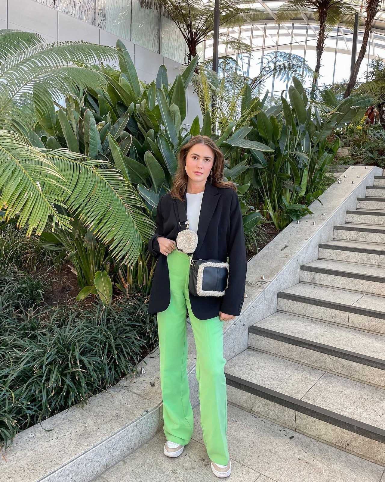 Lime Green Wide Leg Trousers With Black Blazer and White T-Shirt — Green Jeans Outfits
