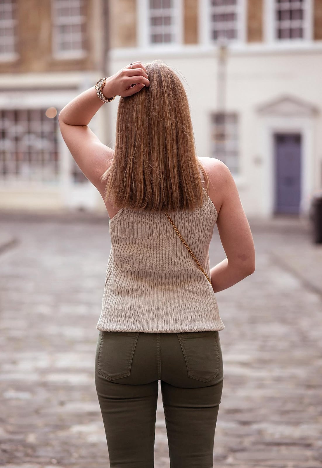 Olive Green Skinny Jeans With Ribbed Knit Tank — Green Jeans Outfits