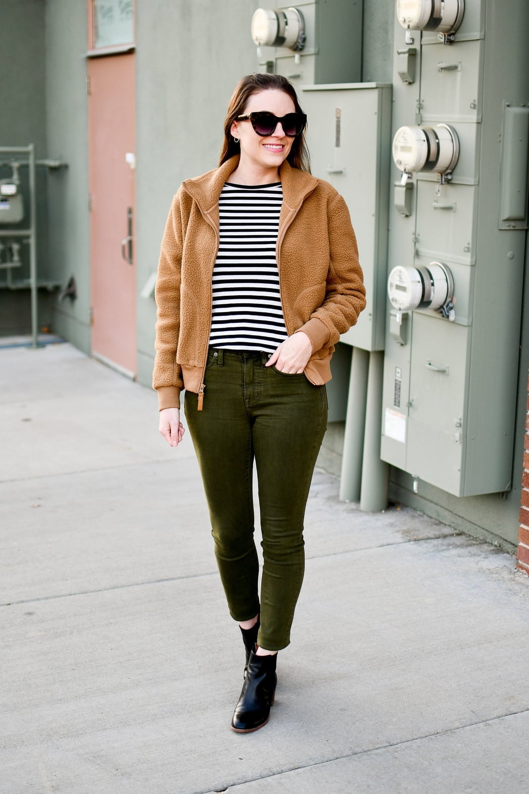 Olive Green Skinny Jeans With Striped Top And Teddy Jacket — Green Jeans Outfits