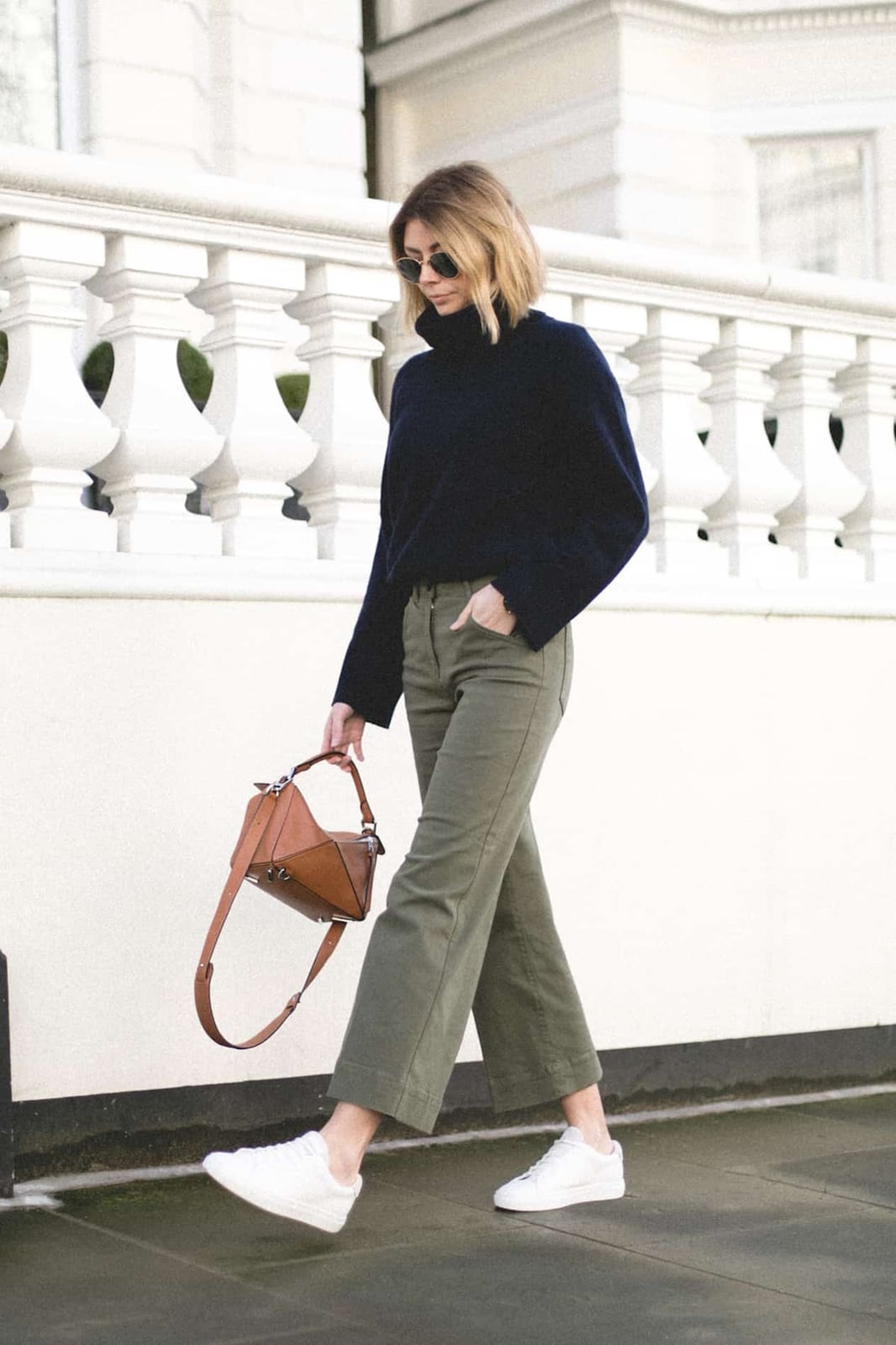 Olive Green Wide Leg Crop Trousers With Navy Turtleneck — Green Jeans Outfits