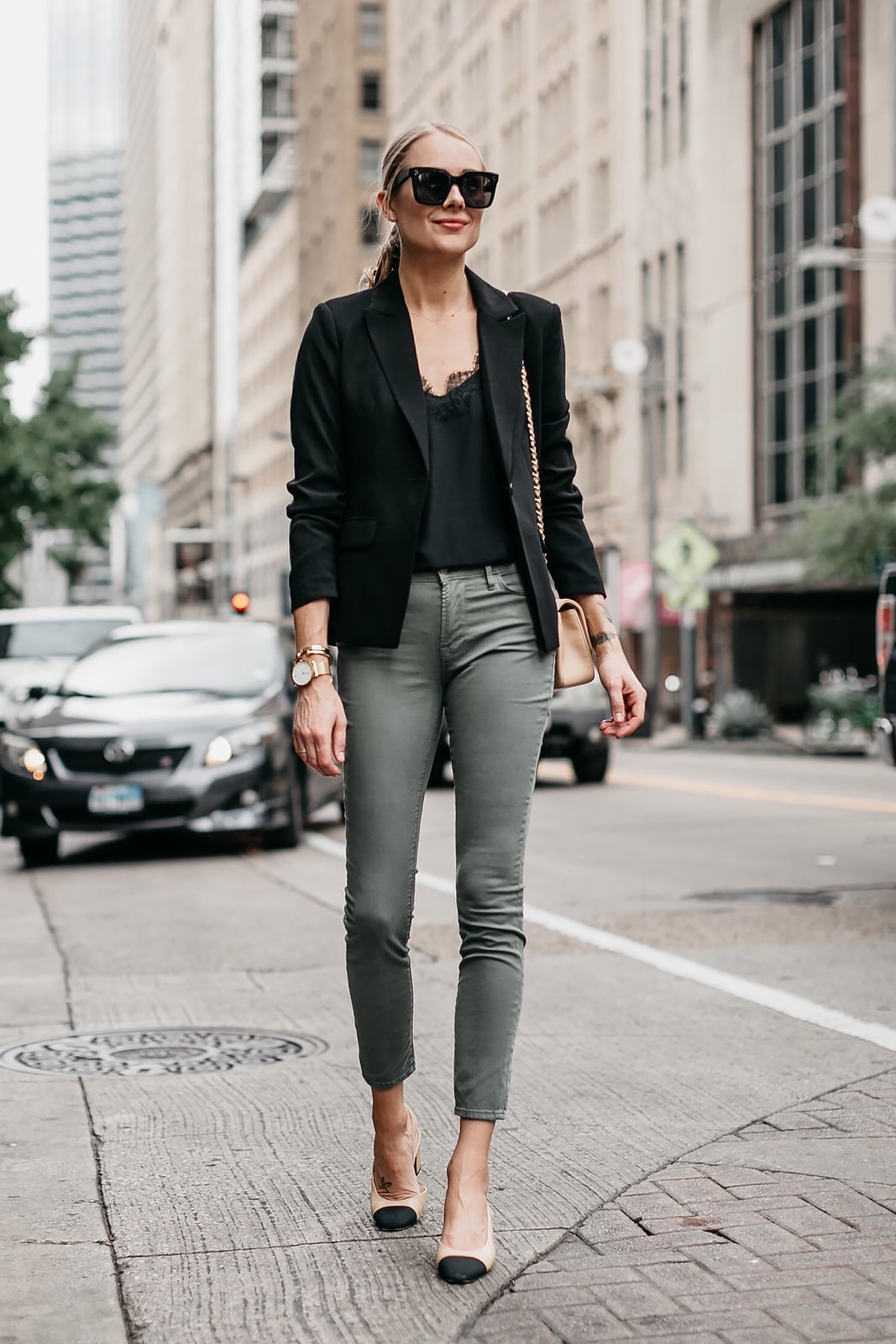 Sage Green Skinny Jeans With Black Blazer — Green Jeans Outfits