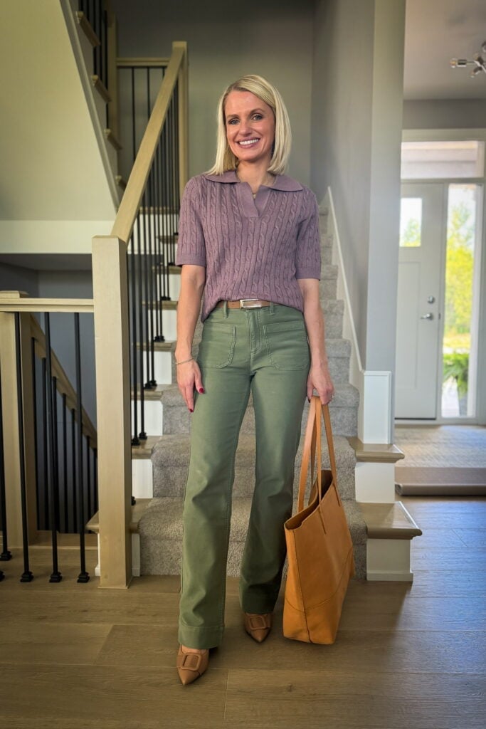 Olive Green Utility Jeans With Purple Polo Shirt — Green Jeans Outfits
