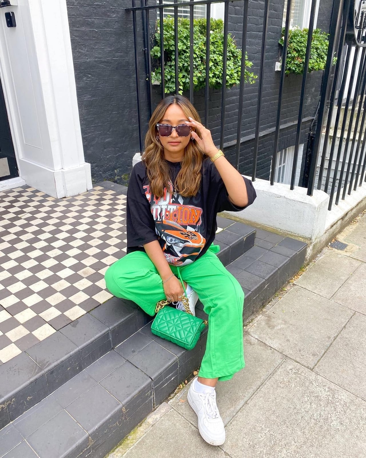 Bright Green Wide Leg Jeans With Graphic T-Shirt — Green Jeans Outfits