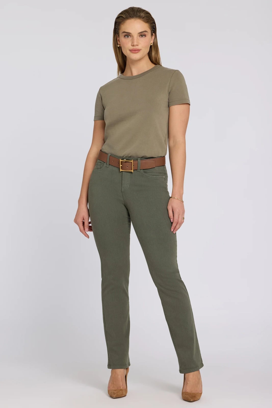 Olive Green Straight Leg Jeans With Matching Top — Green Jeans Outfits