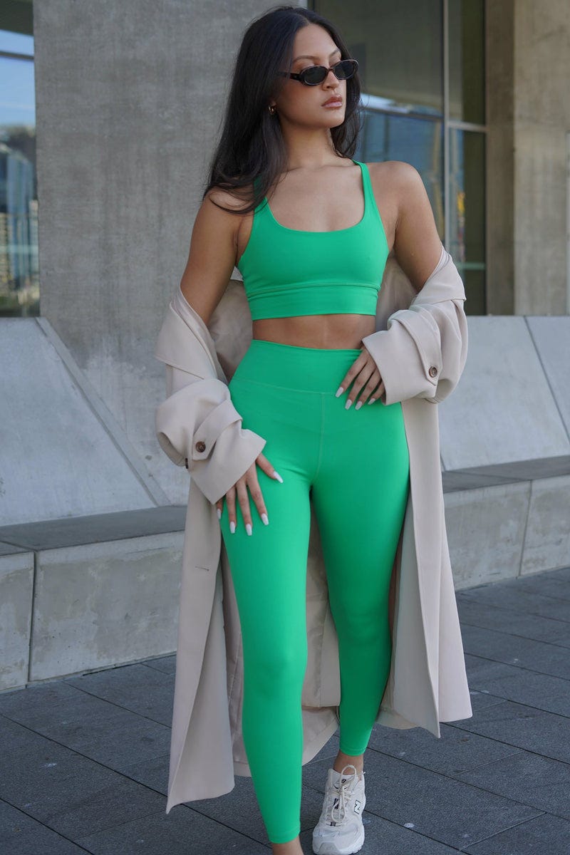 Bright Green Matching Set with a Beige Trench Coat — Green Leggings Outfit
