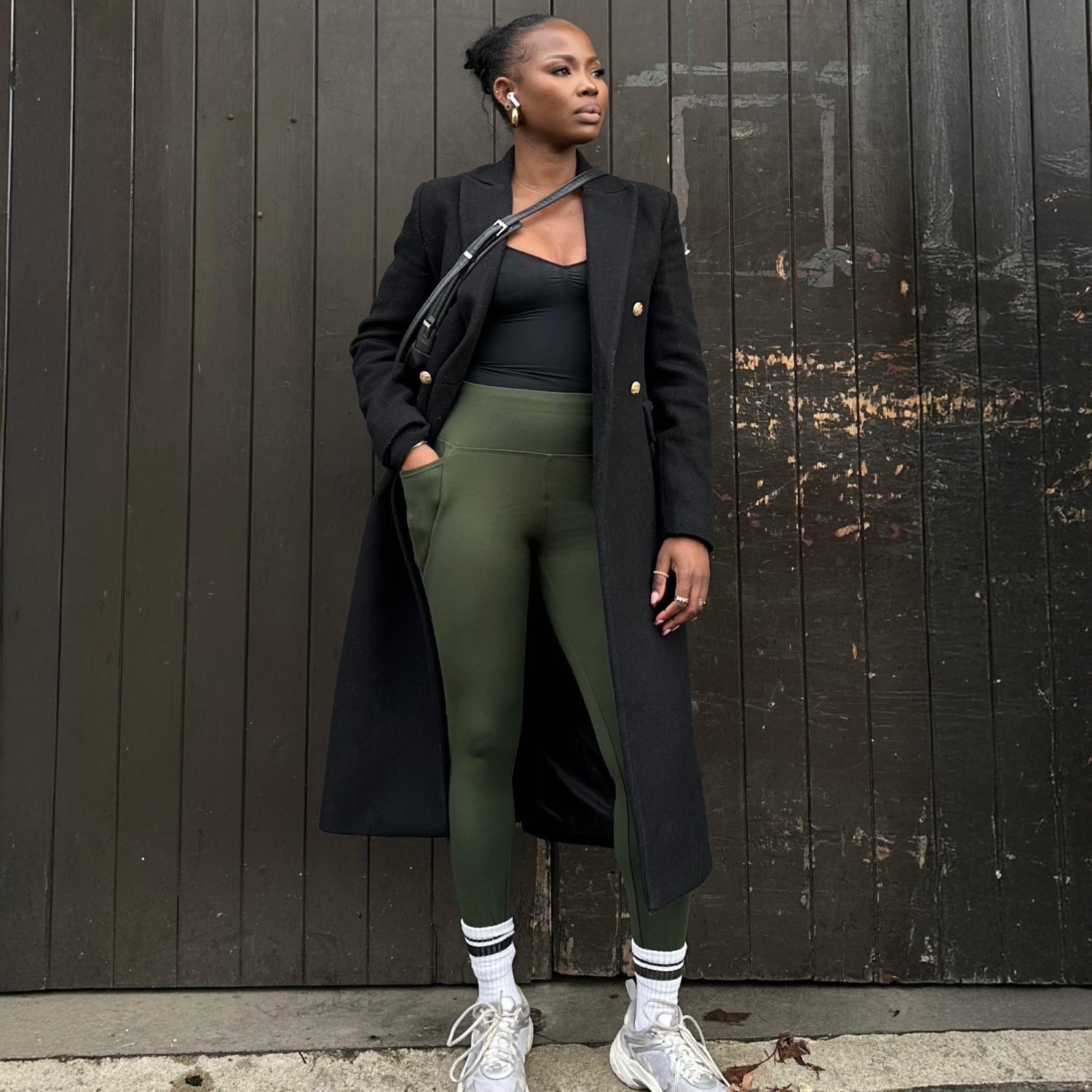 Olive Green Leggings with Long Black Coat — Green Leggings Outfit