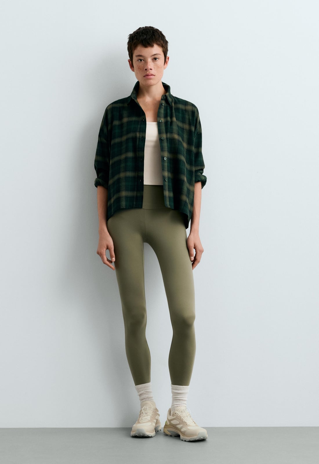 Olive Green Leggings with Plaid Shirt — Green Leggings Outfit