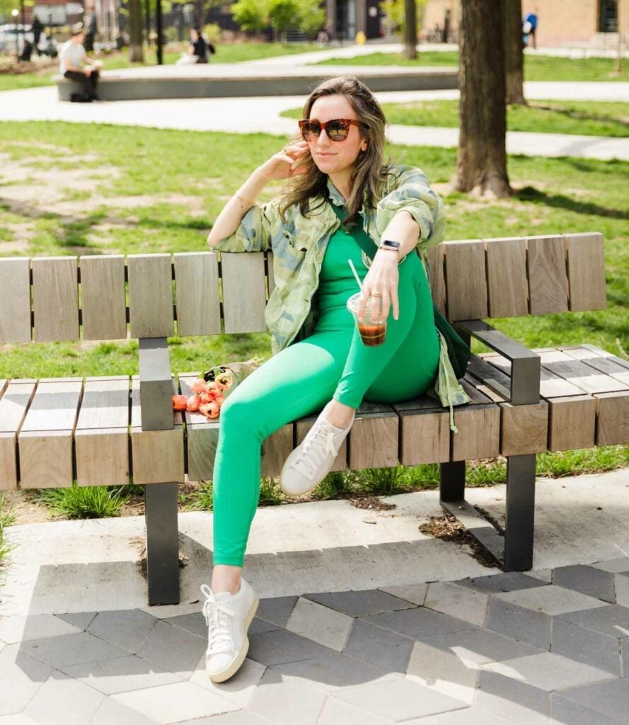 Bright Green Leggings with Camouflage Jacket — Green Leggings Outfit