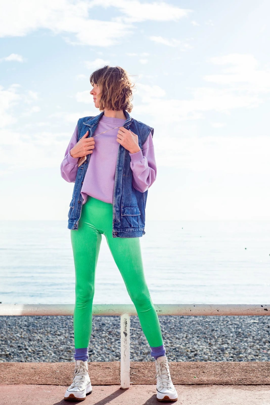 Bright Green Ribbed Leggings with Denim Vest — Green Leggings Outfit