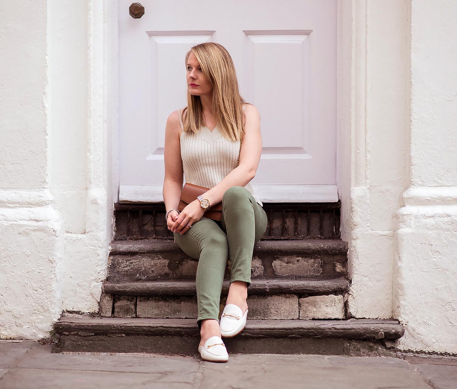 Olive Green Leggings with Beige Tank and Loafers — Green Leggings Outfit