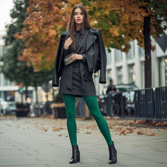 Emerald Green Tights with Leather Jacket — Green Leggings Outfit