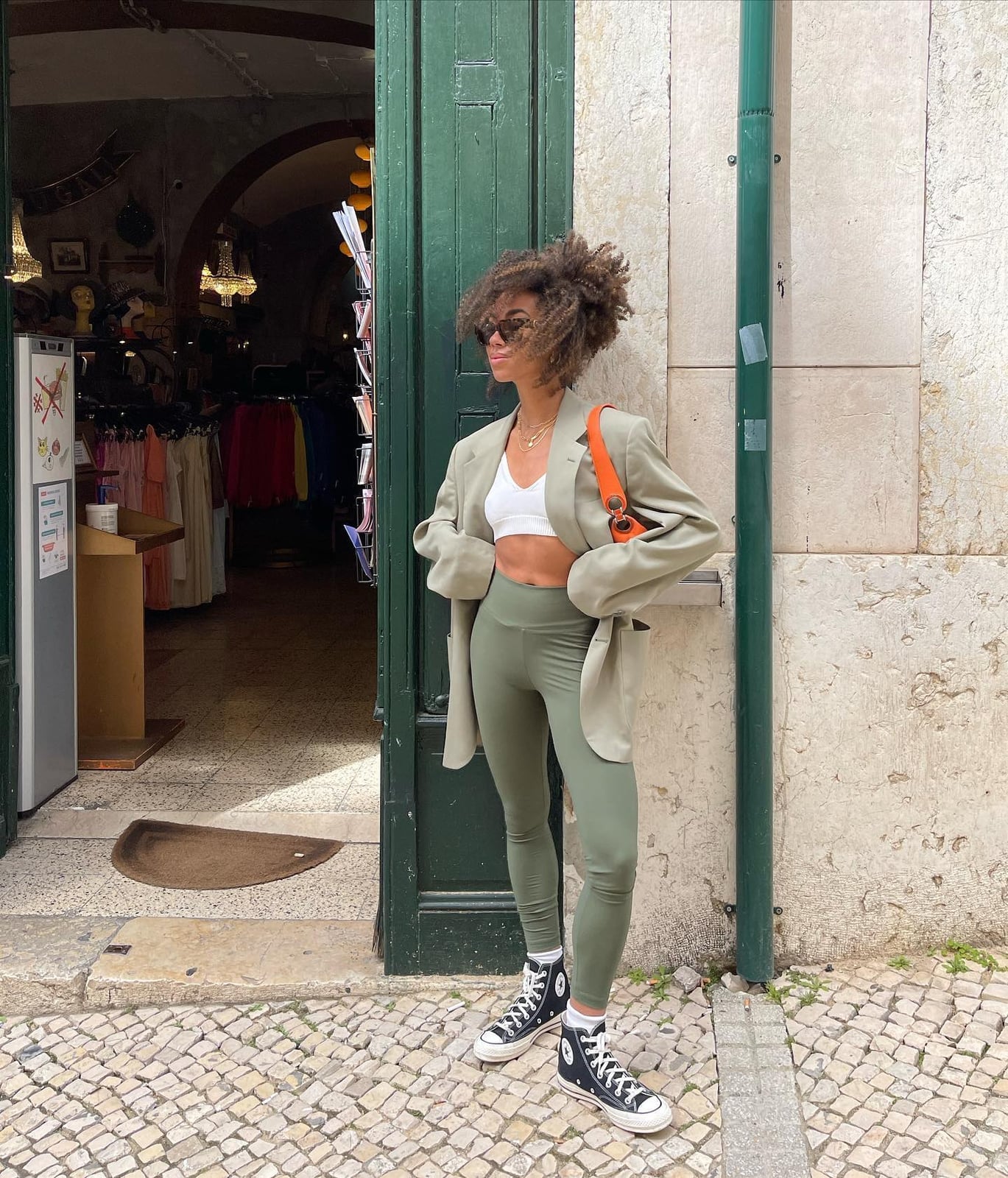Olive Green Leggings with Oversized Blazer — Green Leggings Outfit