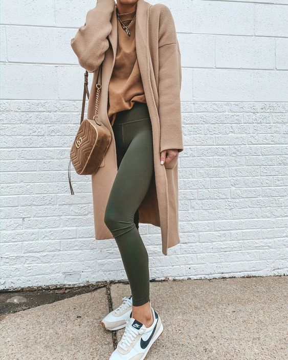 Olive Green Leggings with Camel Coat — Green Leggings Outfit