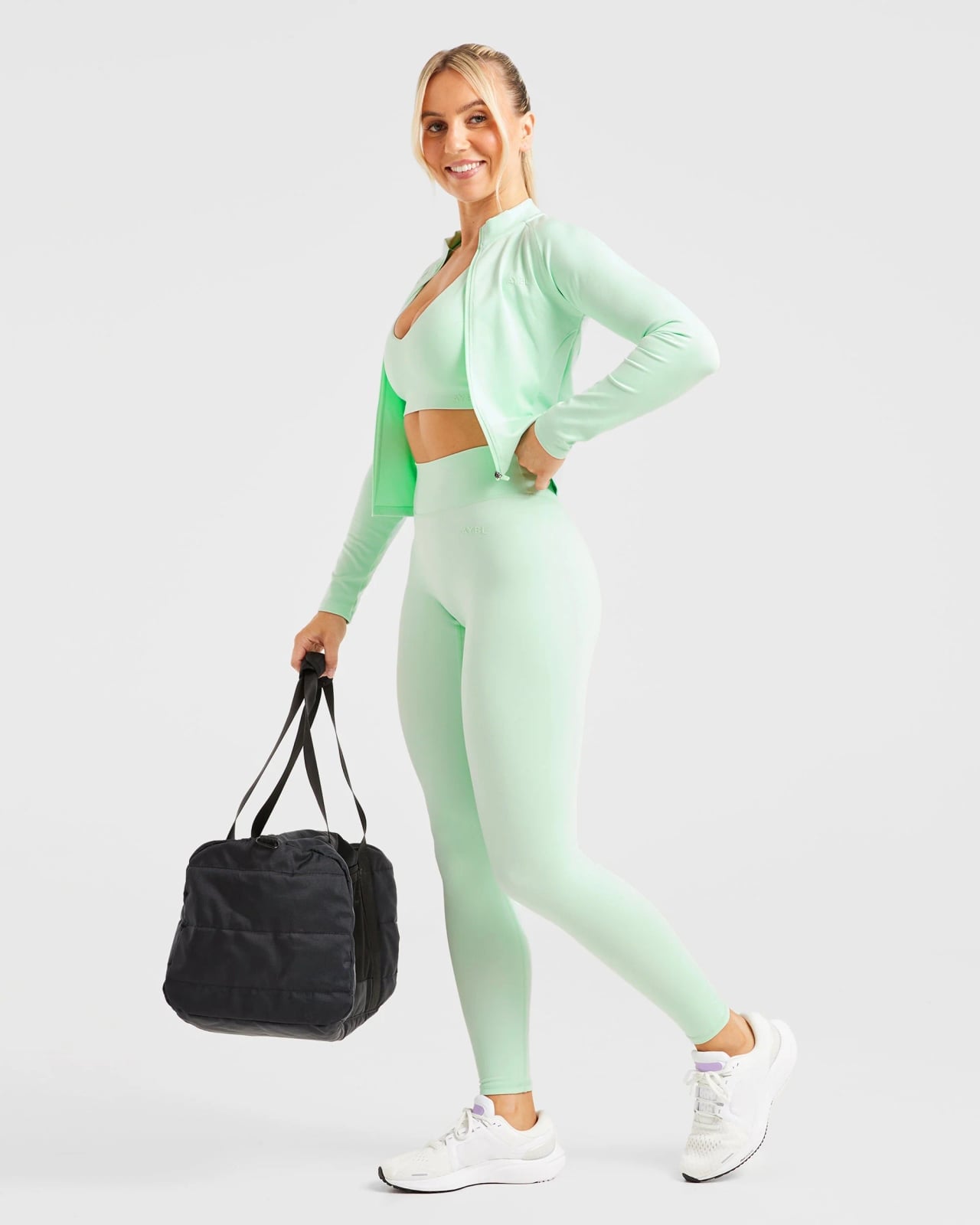 Mint Green Matching Set with Zip-Up Jacket, Fitted — Green Leggings Outfit