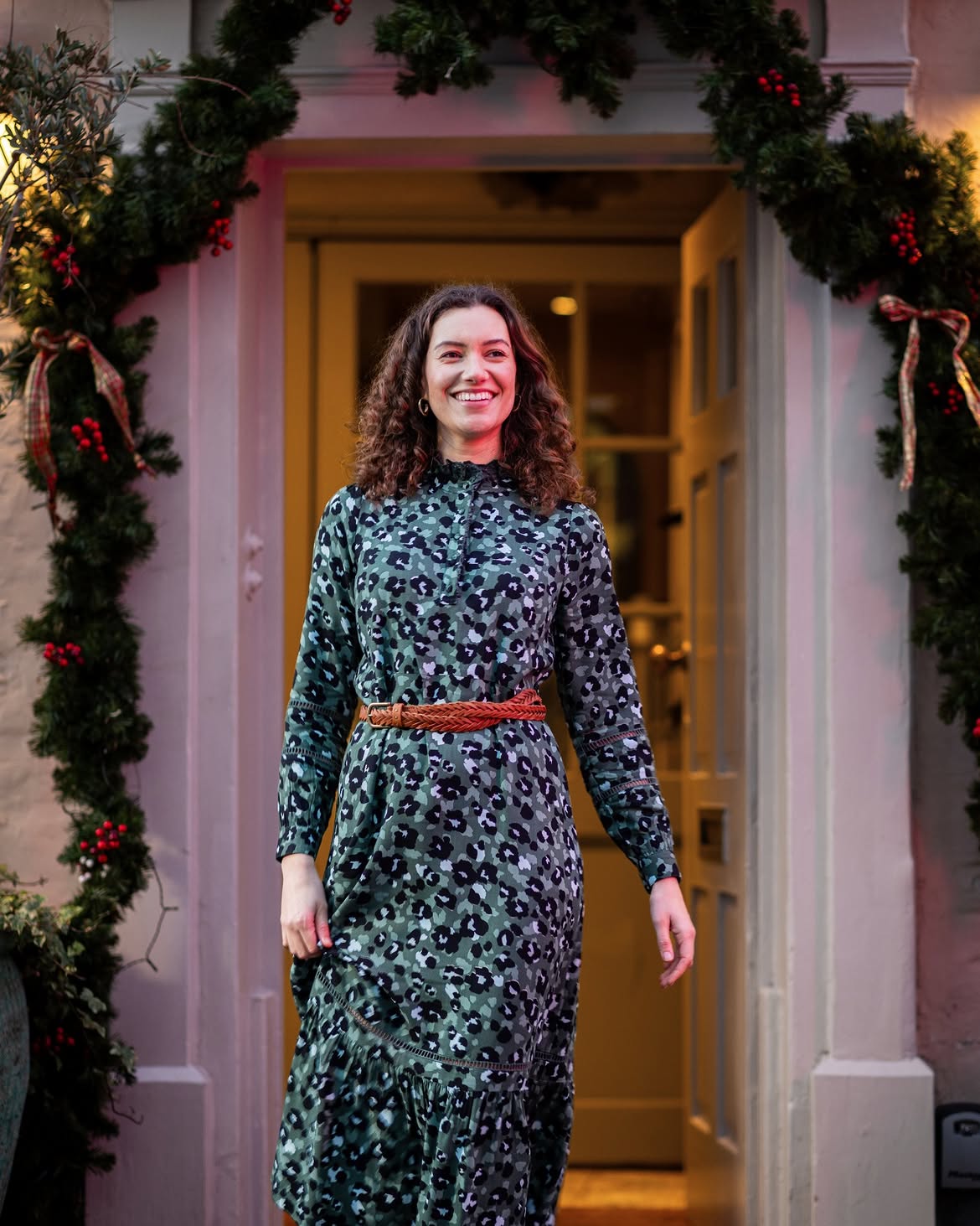Green Leopard Print Midi Dress With Brown Belt
