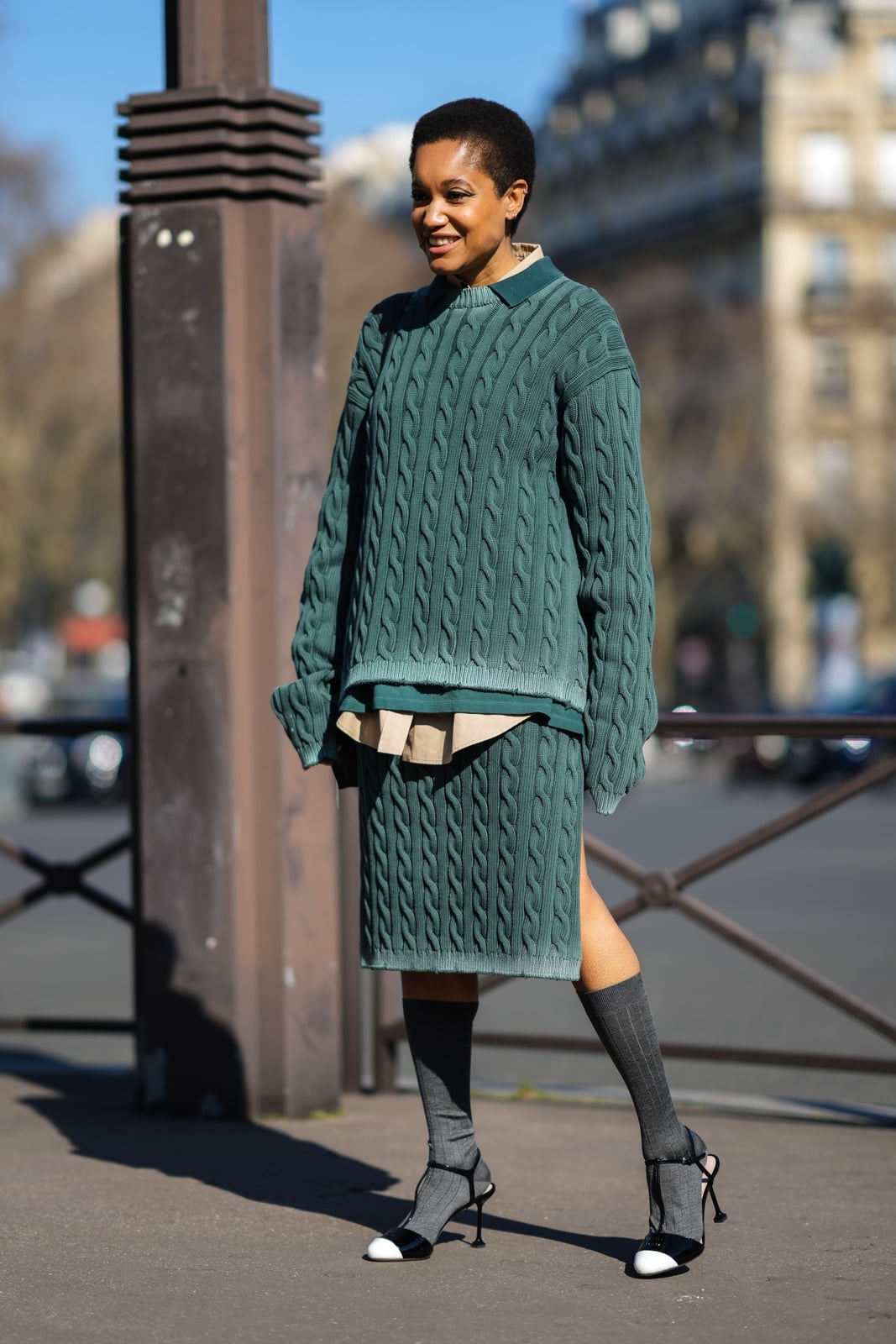 Teal Green Cable Knit Sweater Set With Gray Socks — Green Sweater Outfit