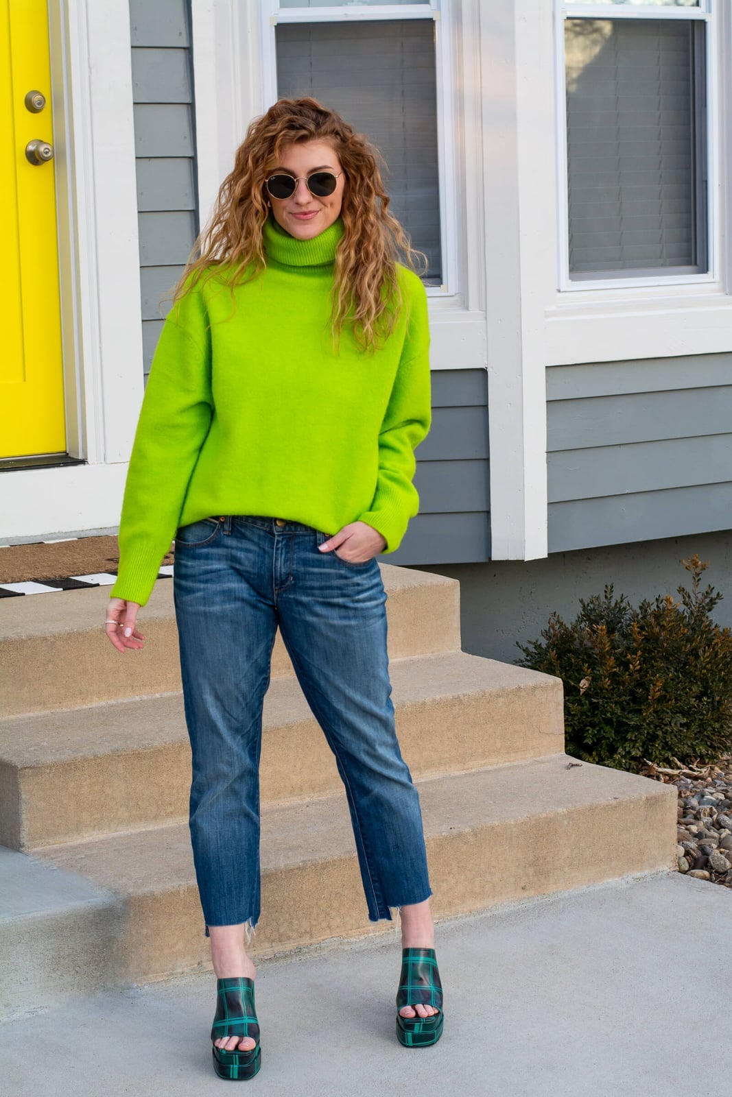Neon Green Turtleneck Sweater with Distressed Jeans — Green Sweater Outfit