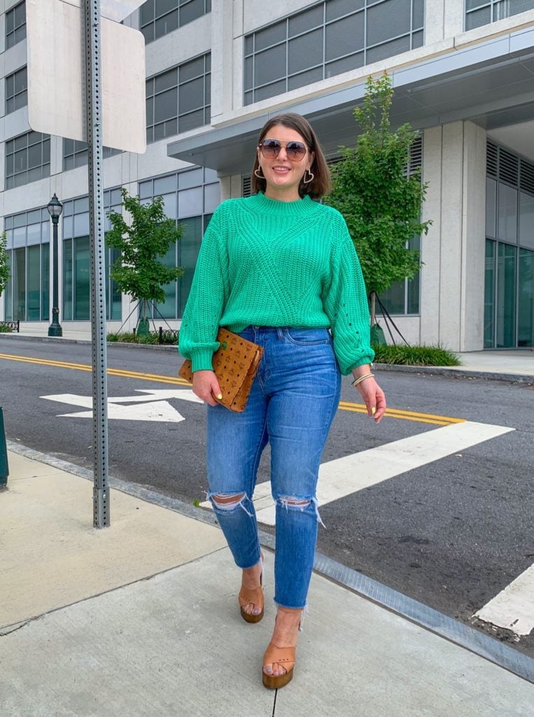 Bright Green Chunky Knit Sweater with Ripped Jeans — Green Sweater Outfit