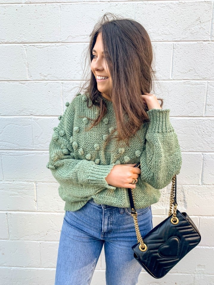 Light Green Pom-Pom Sweater with Black Handbag — Green Sweater Outfit