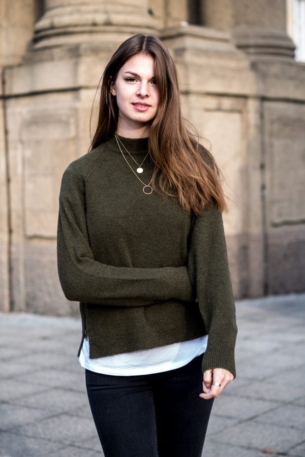 Olive Green Crewneck Sweater with Wide-Leg Pants — Green Sweater Outfit