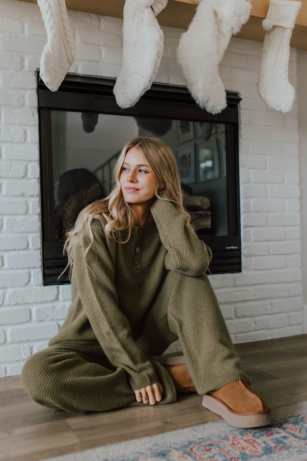 Olive Green Waffle Knit Henley Loungewear — Green Sweater Outfit