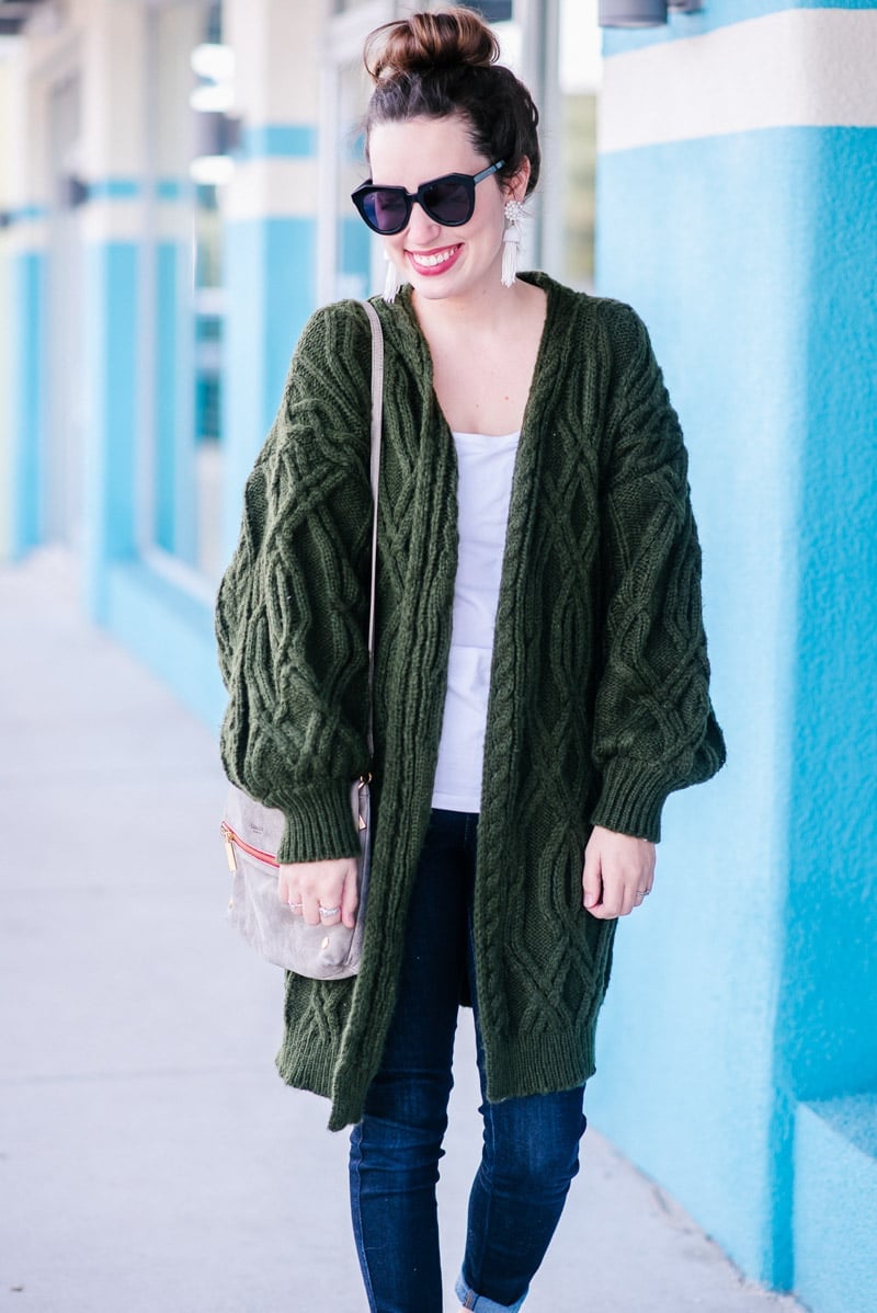 Dark Green Cable Knit Cardigan with Skinny Jeans — Green Sweater Outfit