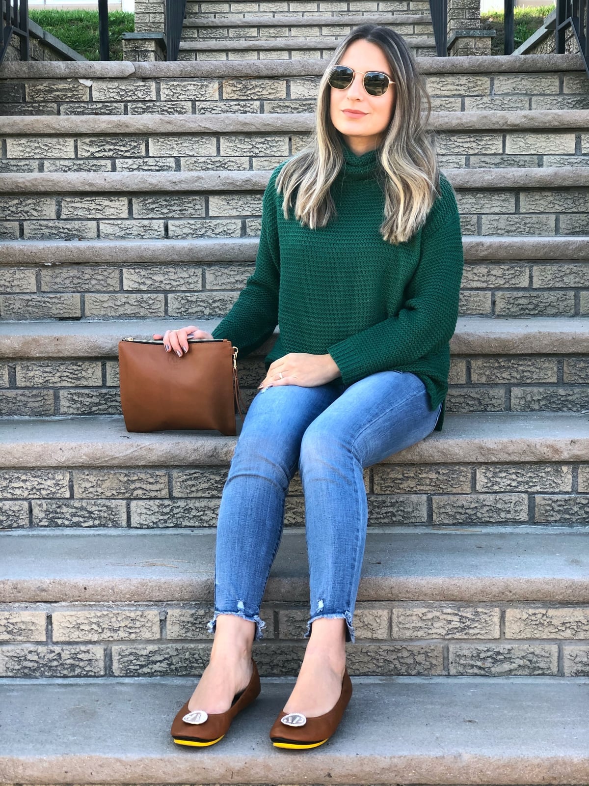 Dark Green Turtleneck Sweater with Brown Flats — Green Sweater Outfit