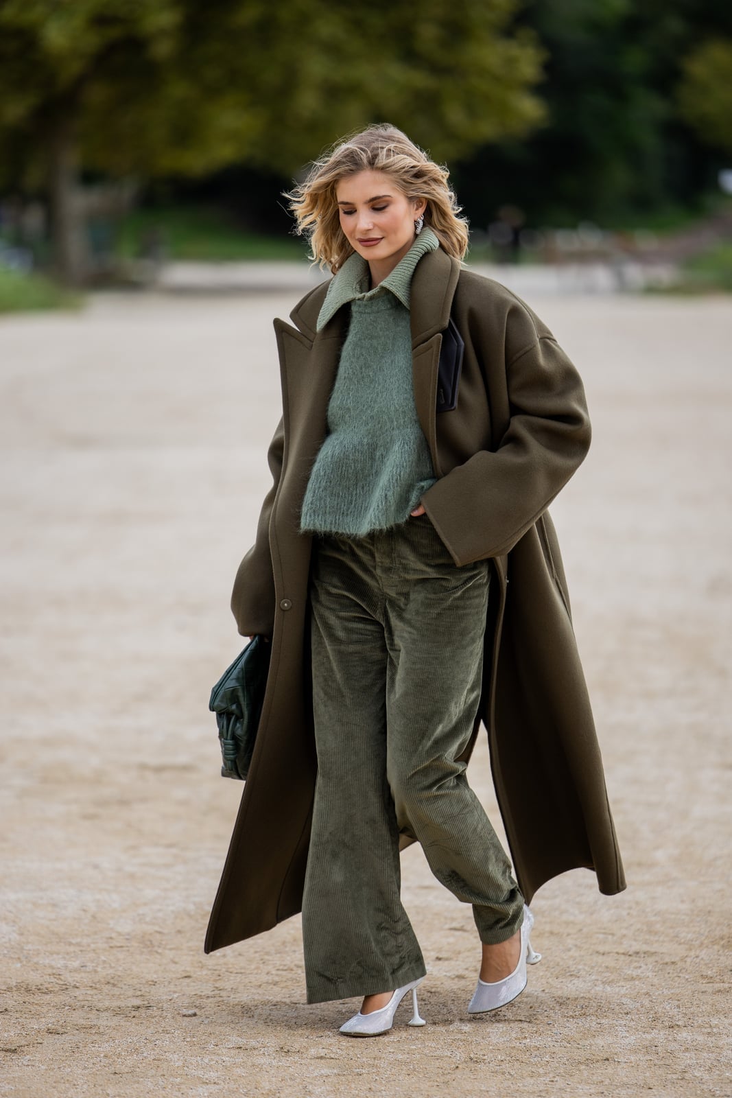 Mint Green Chunky Knit Sweater Layered With Oversized Coat — Green Sweater Outfit