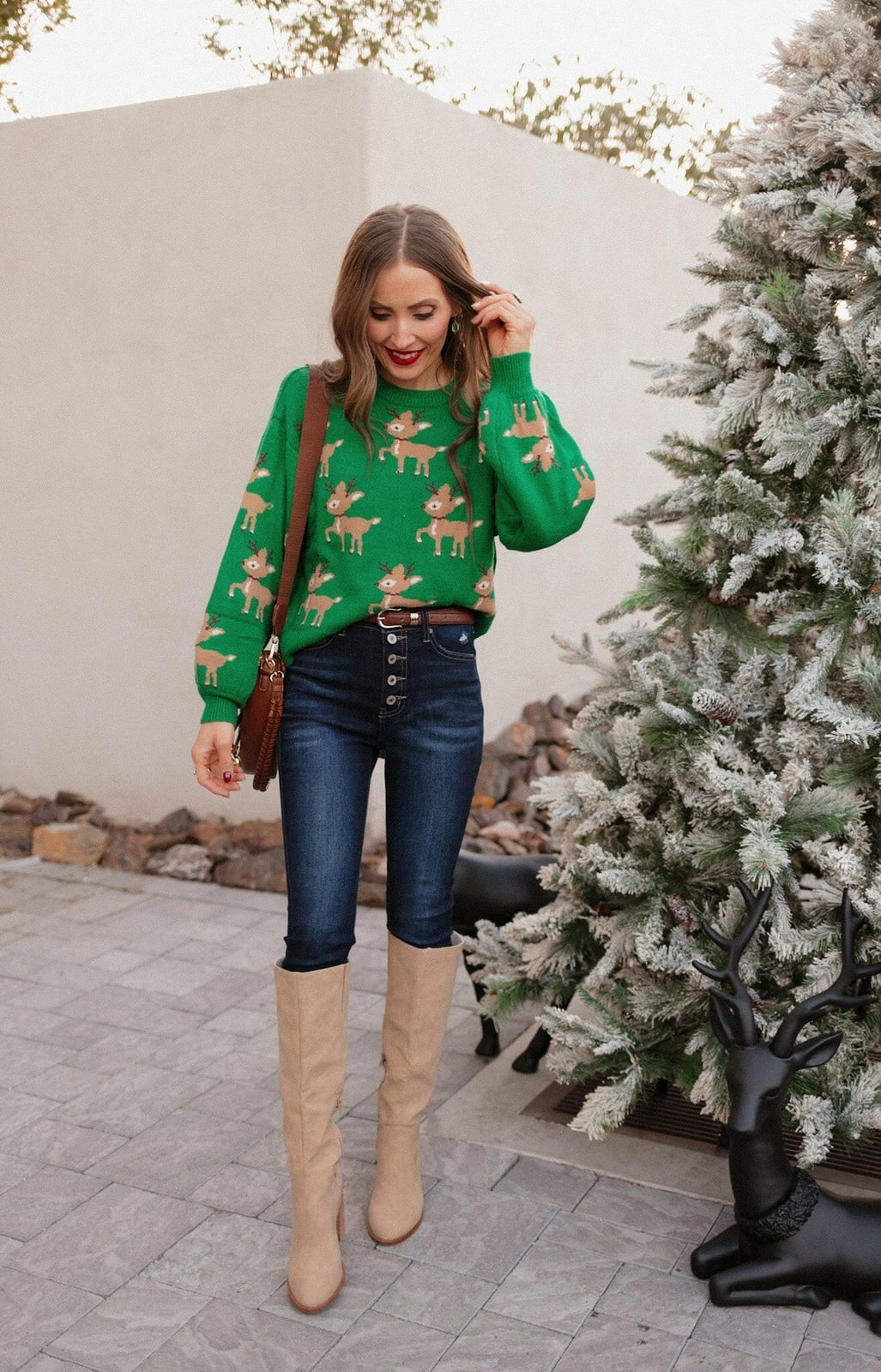 Green Reindeer Pattern Sweater with Knee-High Boots — Green Sweater Outfit