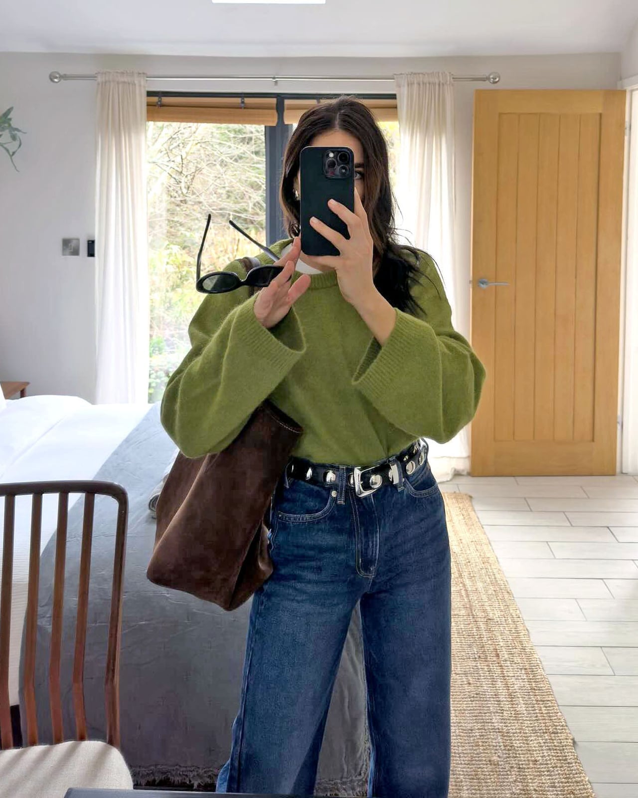 Olive Green Crewneck Sweater with Studded Belt — Green Sweater Outfit