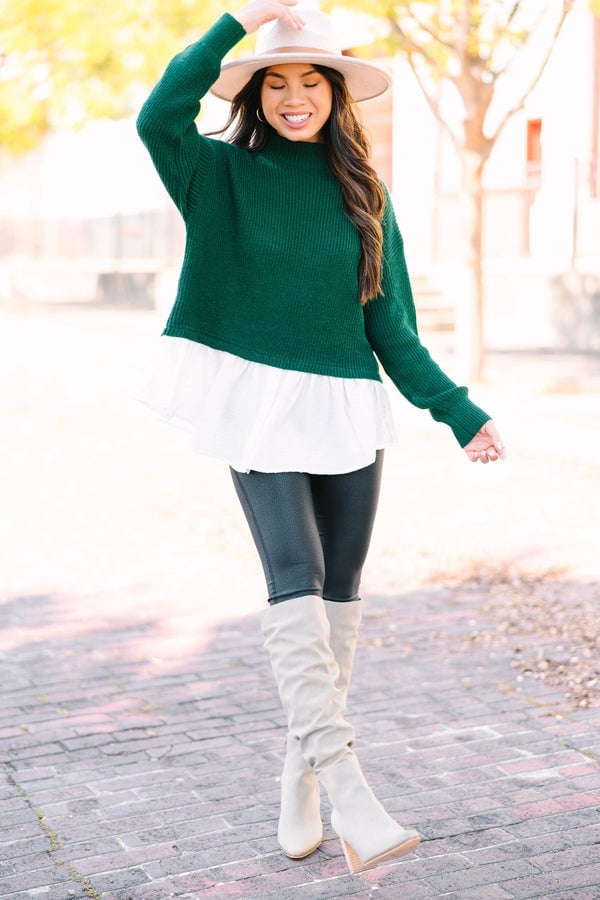 Green Ribbed Sweater with Peplum Hem — Green Sweater Outfit