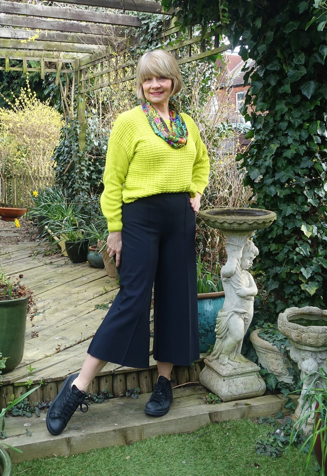 Lime Green Chunky Sweater with Floral Scarf — Green Sweater Outfit