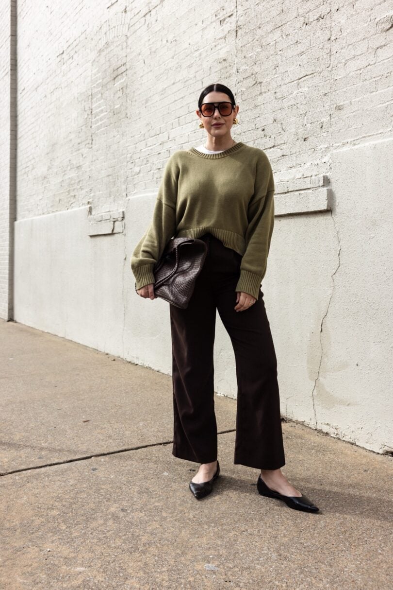 Pistachio Green Cropped Sweater with Wide-Leg Trousers — Green Sweater Outfit