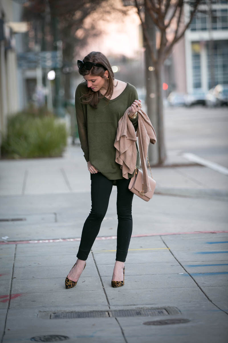 Olive Green Top with Leopard Print Heels — Green Sweater Outfit
