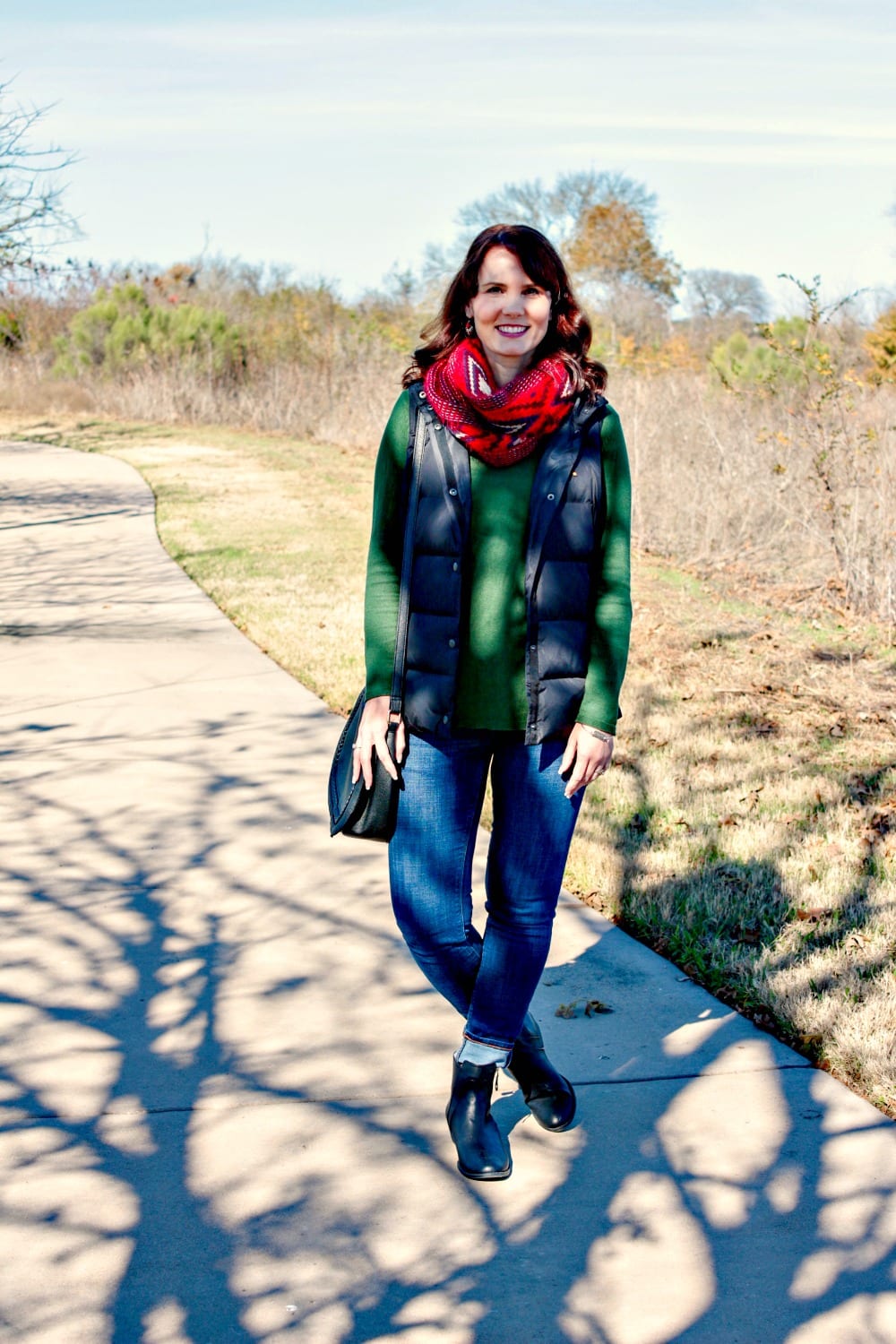Green Sweater with Puffer Vest and Red Scarf — Green Sweater Outfit