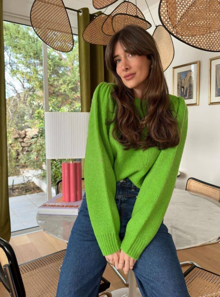 Lime Green Puff Sleeve Sweater with Denim and Regular Fit — Green Sweater Outfit