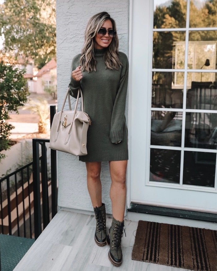 Olive Green Turtleneck Sweater Dress — Green Sweater Outfit