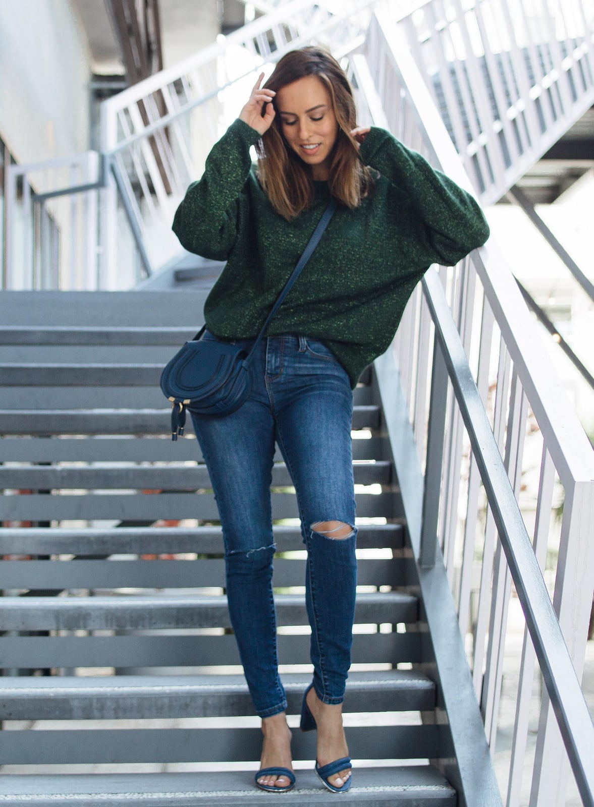 Sparkly Dark Green Sweater with Ripped Jeans — Green Sweater Outfit