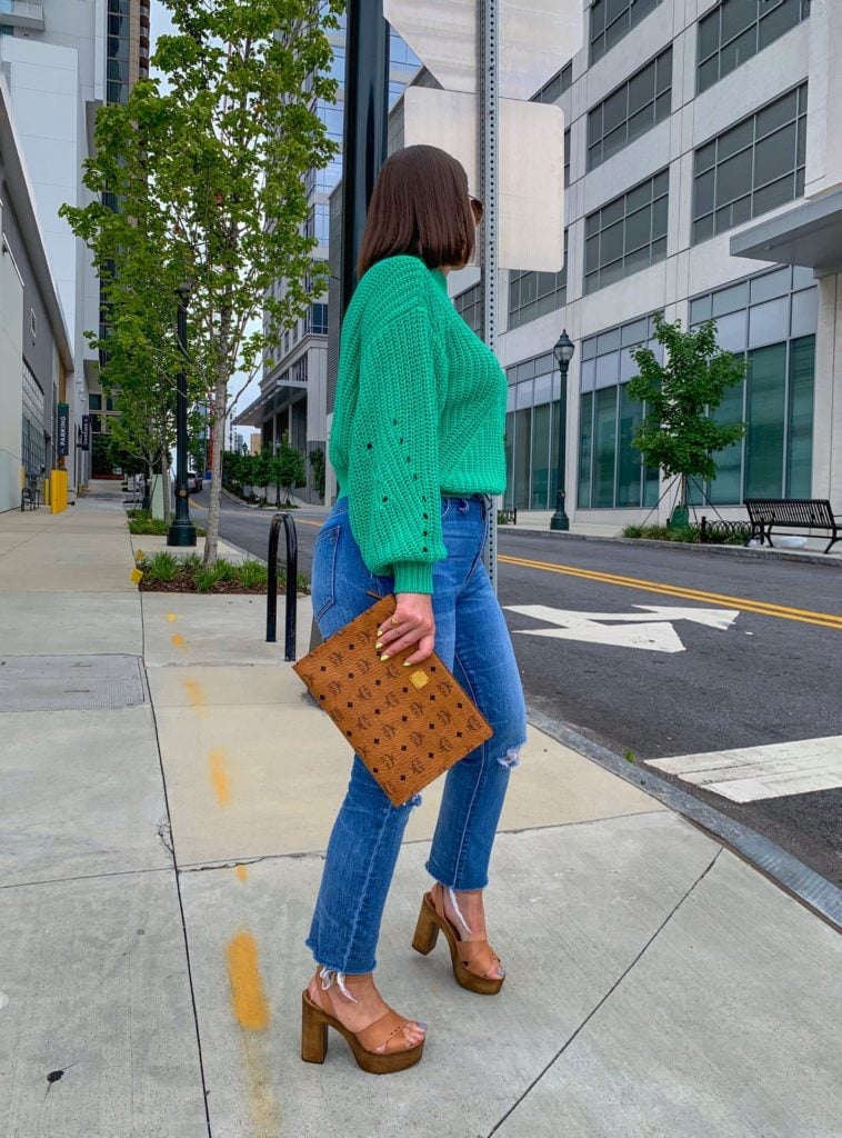 Green Chunky Knit Sweater with Platform Sandals — Green Sweater Outfit