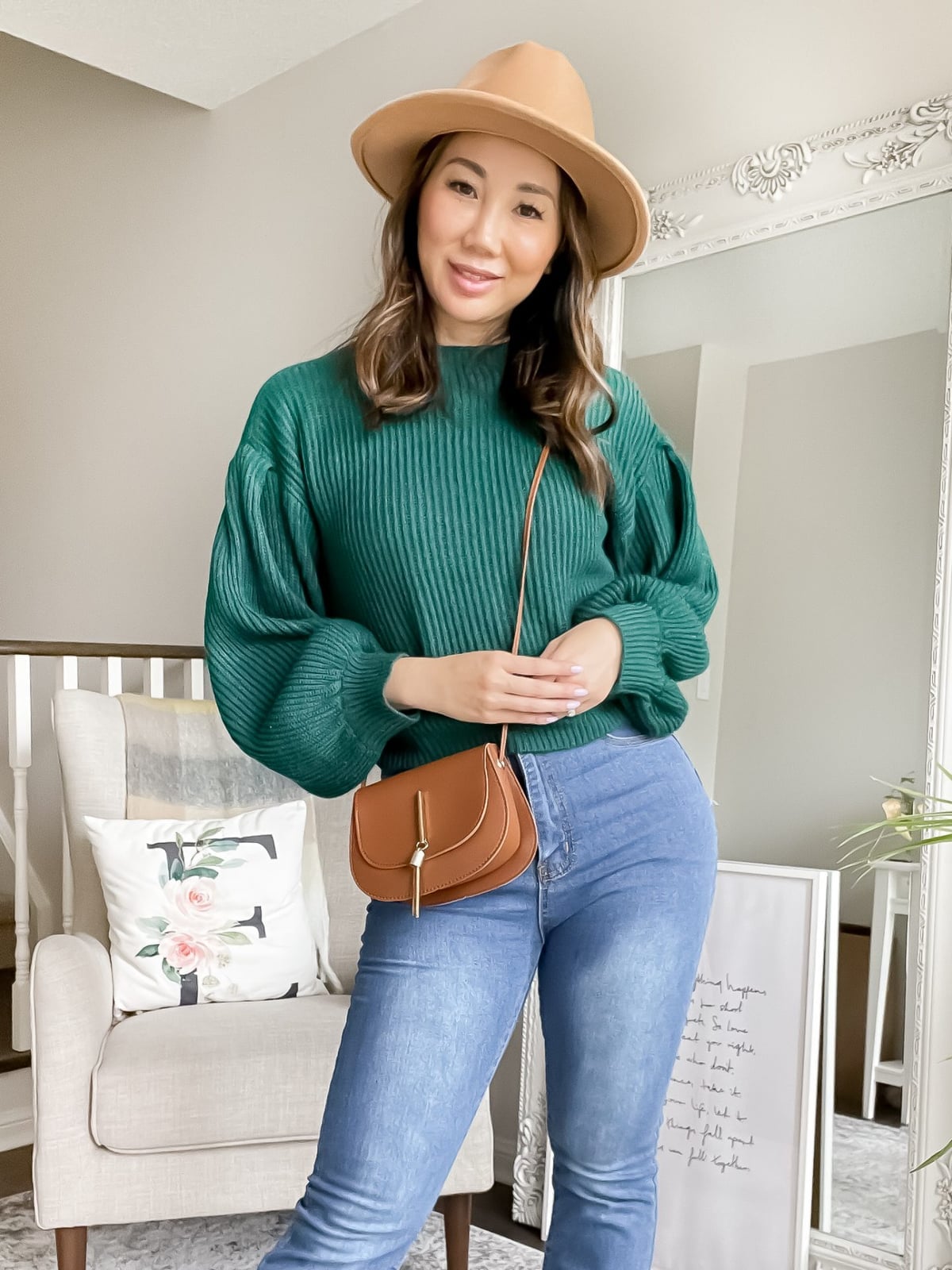Oversized Green Ribbed Sweater and Boots With Brown Saddle Bag — Green Sweater Outfit