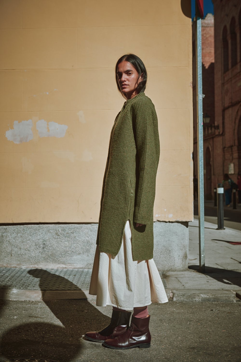 Olive Green Waffle Knit Jacket Over Dress — Green Sweater Outfit