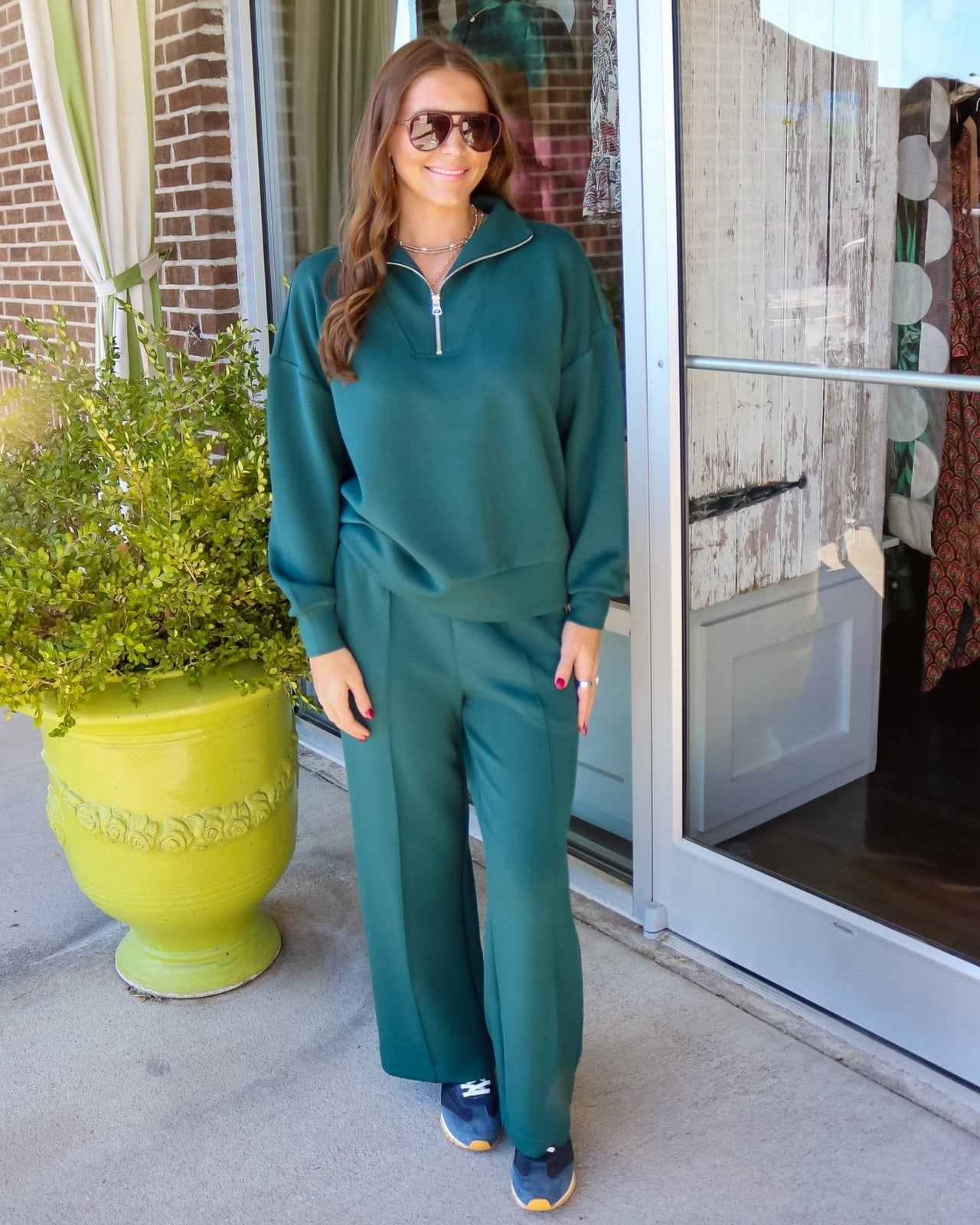 Deep Green Matching Set with a Half-Zip Sweatshirt and Blue Sneakers Deep Green Matching Set with a Half-Zip Sweatshirt and Blue Sneakers — Green Sweatpants Outfit